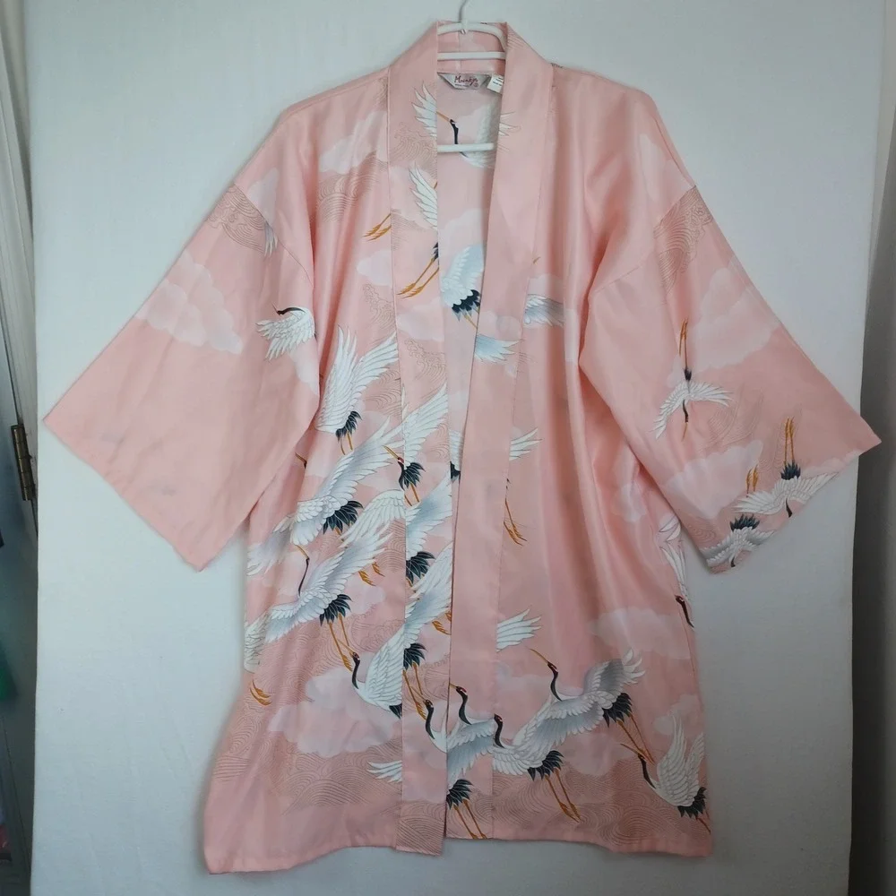 Monki Pink Crane Print Satin Kimono Robe Wide Sleeve Bird Pattern One Size